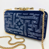 Zok and Zaar Blue Hand Embroidered Velvet Handmade Handbag with gold chain