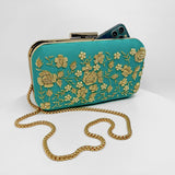 Zok and Zaar Cyan Green Hand Embroidered Handmade Handbag with gold wrist chain