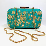 Zok and Zaar Cyan Green Hand Embroidered Handmade Handbag with gold wrist chain