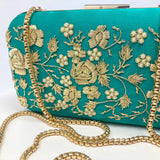 Zok and Zaar Cyan Green Hand Embroidered Handmade Handbag with gold wrist chain