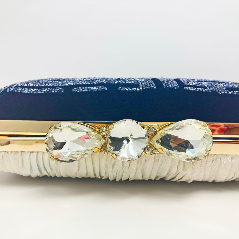 Zok and Zaar Blue Hand Embroidered Velvet Handmade Handbag with gold chain