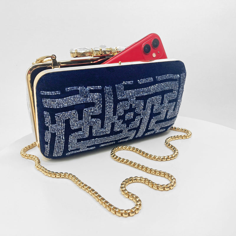 Zok and Zaar Blue Hand Embroidered Velvet Handmade Handbag with gold chain