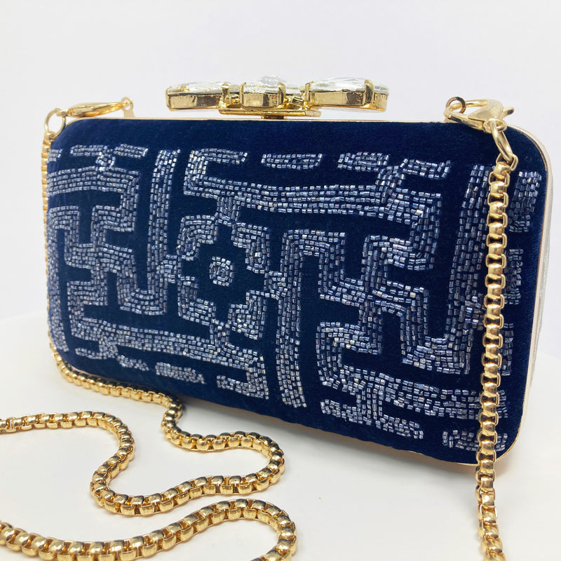 Zok and Zaar Blue Hand Embroidered Velvet Handmade Handbag with gold chain