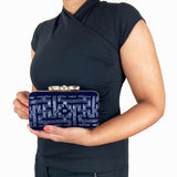 Zok and Zaar Blue Hand Embroidered Velvet Handmade Handbag with gold chain