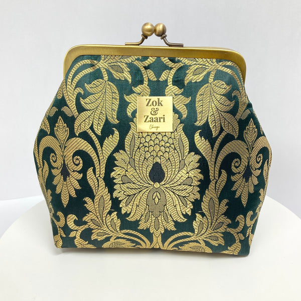 Zok and Zaari Green Brocade Metal Handmade Frame wrist handbag