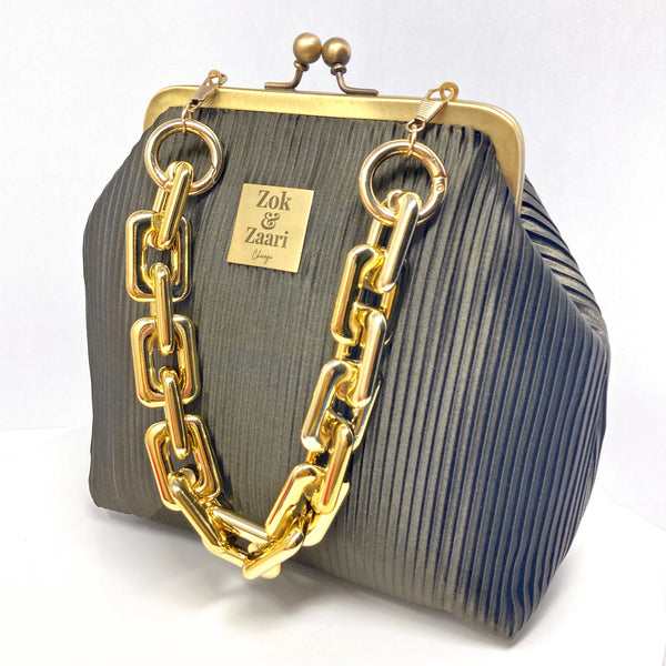 Zok and Zaari Pleated Brown Brass Frame wrist handbag