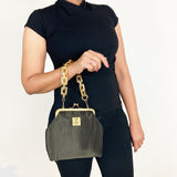 Zok and Zaari Pleated Brown Brass Frame wrist handbag