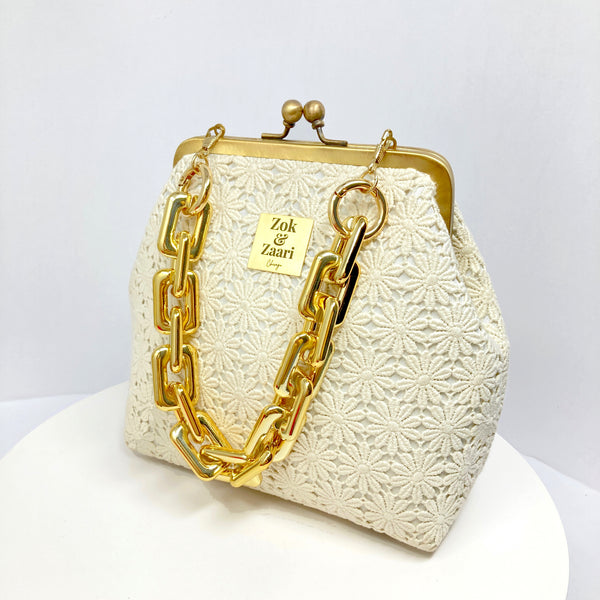 Zok and Zaari Crochet Brass Frame wrist handbag