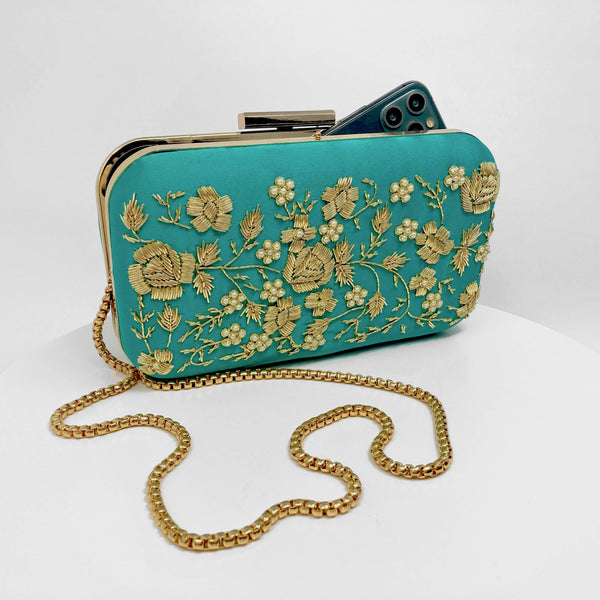 Zok and Zaar Cyan Green Hand Embroidered Handmade Handbag with gold wrist chain