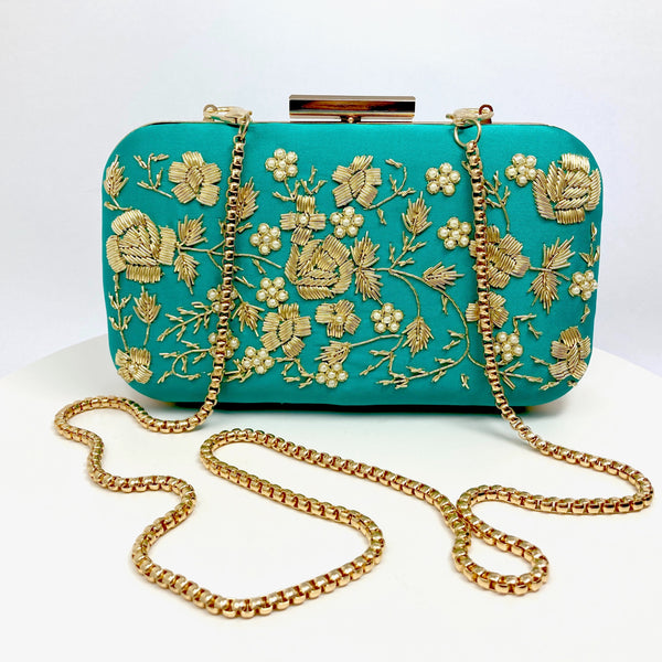 Zok and Zaar Cyan Green Hand Embroidered Handmade Handbag with gold wrist chain