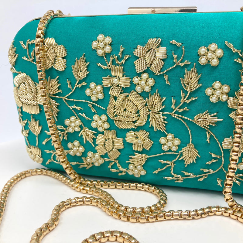 Zok and Zaar Cyan Green Hand Embroidered Handmade Handbag with gold wrist chain