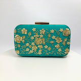 Zok and Zaar Cyan Green Hand Embroidered Handmade Handbag with gold wrist chain