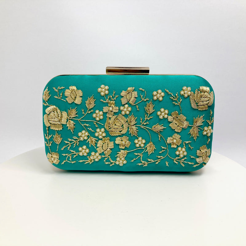 Zok and Zaar Cyan Green Hand Embroidered Handmade Handbag with gold wrist chain