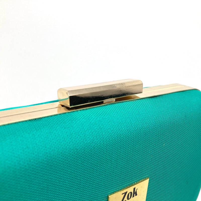 Zok and Zaar Cyan Green Hand Embroidered Handmade Handbag with gold wrist chain