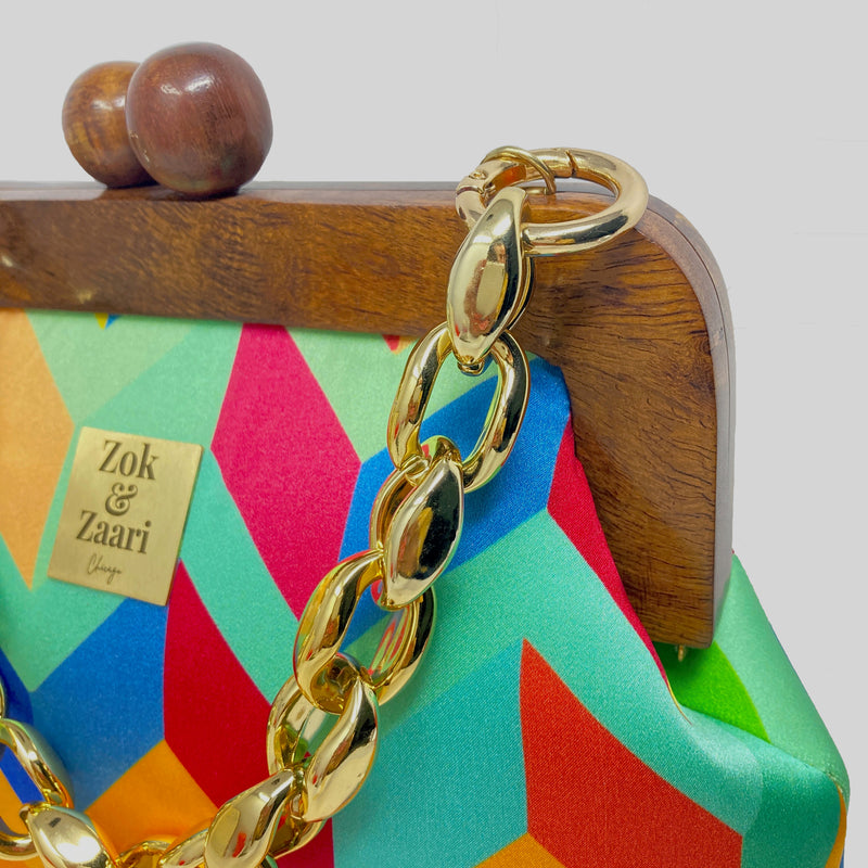 Zok and Zaar Digital Print Handmade Frame teakwood wrist handbag