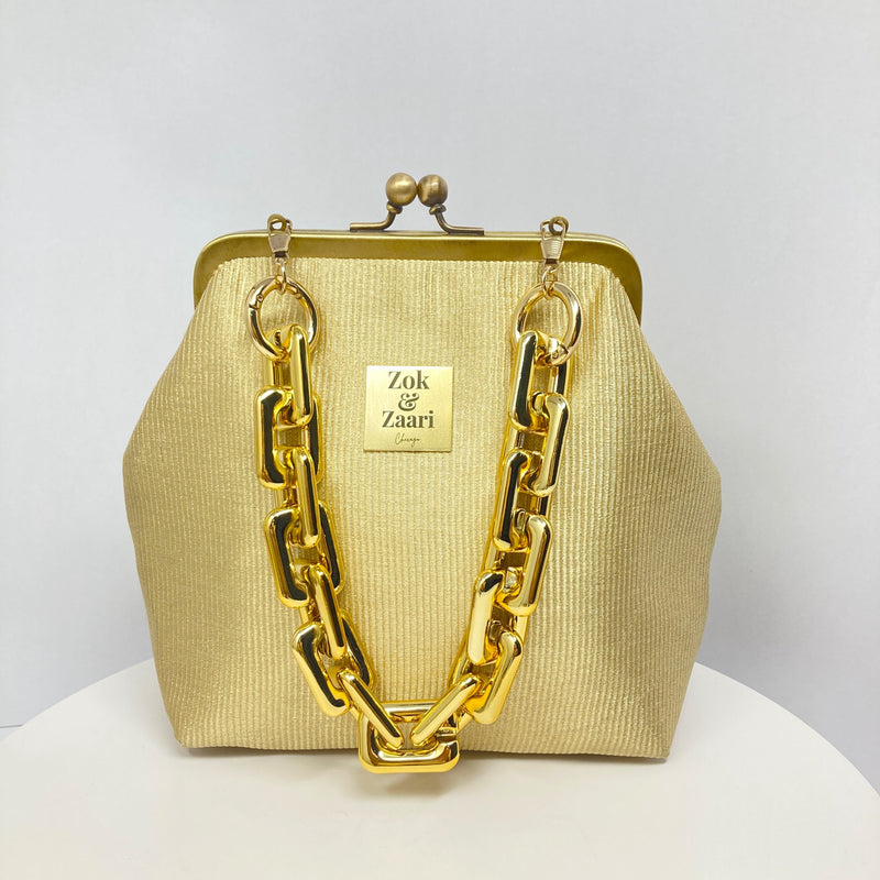 Zok and Zaari Gold Brocade Metal Handmade Frame wrist handbag