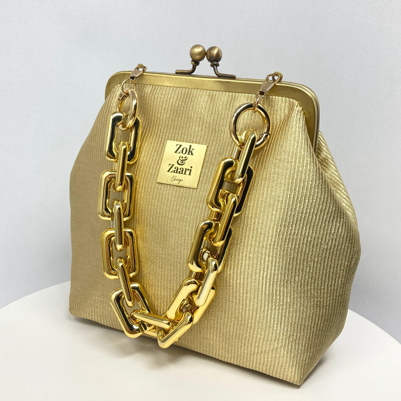 Zok and Zaari Gold Brocade Metal Handmade Frame wrist handbag