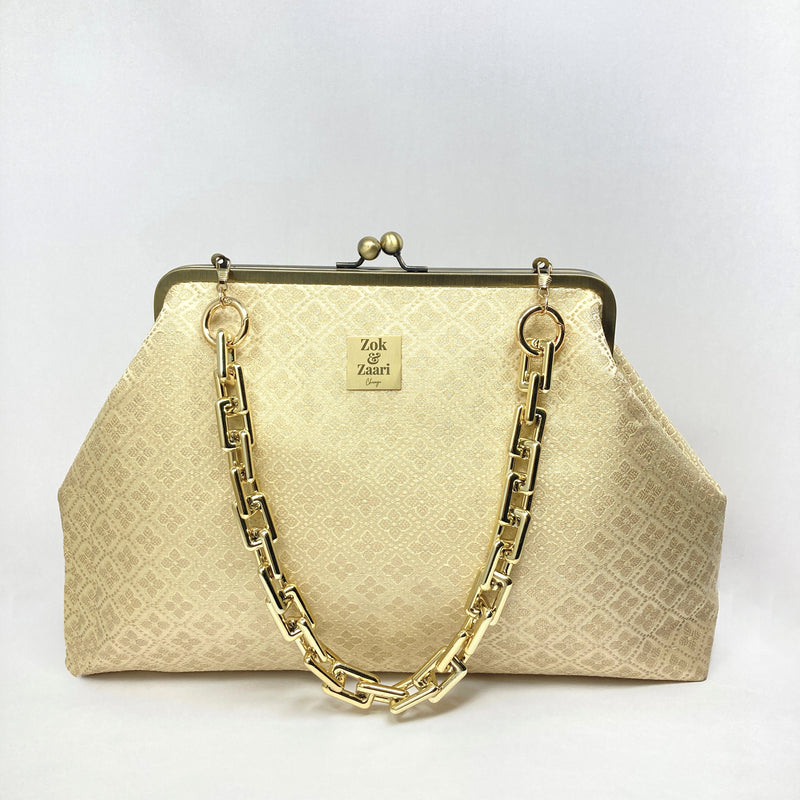 Zok and Zaari Gold Brocade Metal Handmade Frame wrist handbag