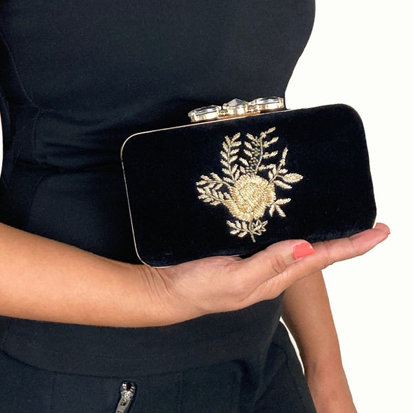Gold Rose Velvet Clutch Handbag