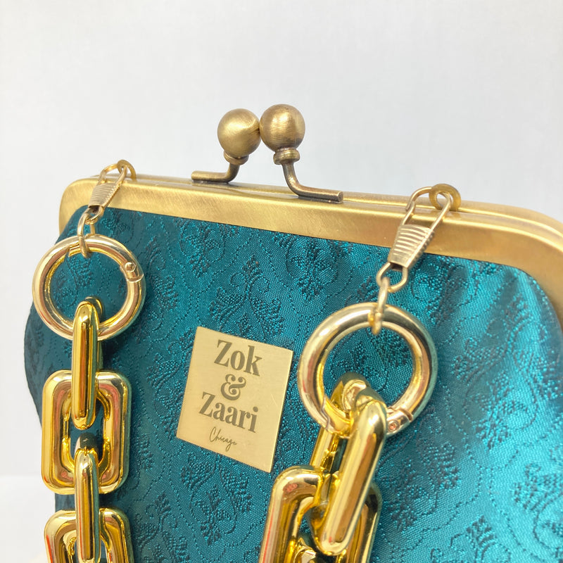 Zok and Zaari Green Brocade Brass Frame wrist handbag
