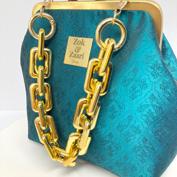 Zok and Zaari Green Brocade Brass Frame wrist handbag