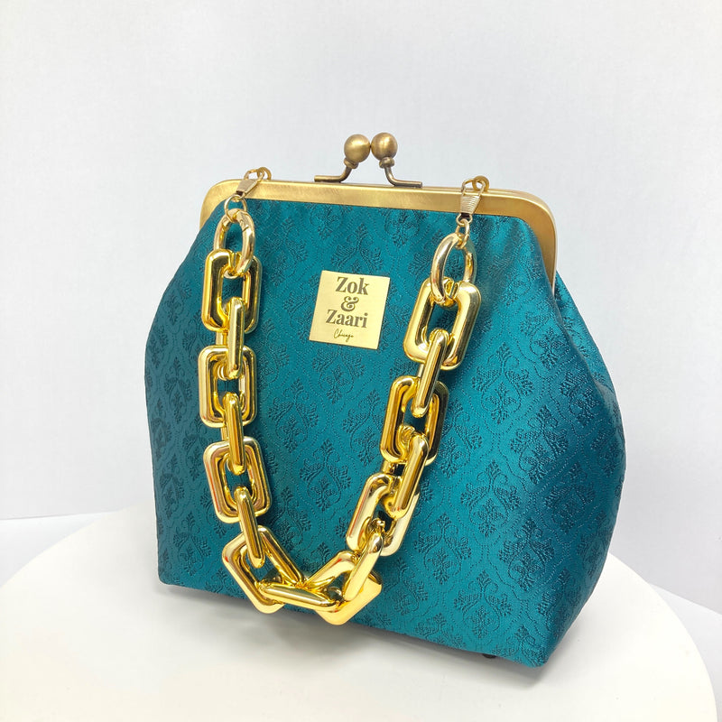 Zok and Zaari Green Brocade Brass Frame wrist handbag