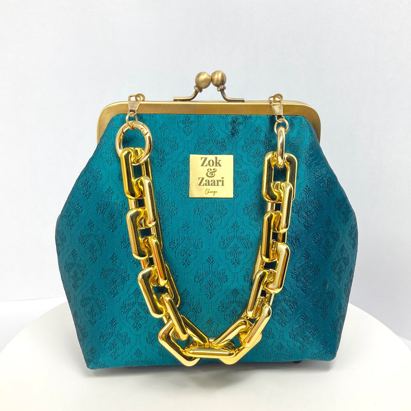 Zok and Zaari Green Brocade Brass Frame wrist handbag