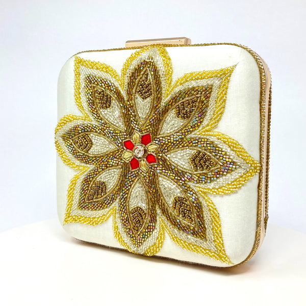 Zok and Zaari Hand Embroidered Bridal Clutch Handbag with gold chain