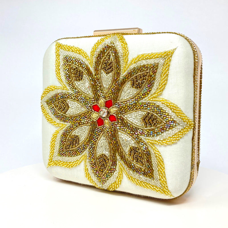 Zok and Zaari Hand Embroidered Bridal Clutch Handbag with gold chain