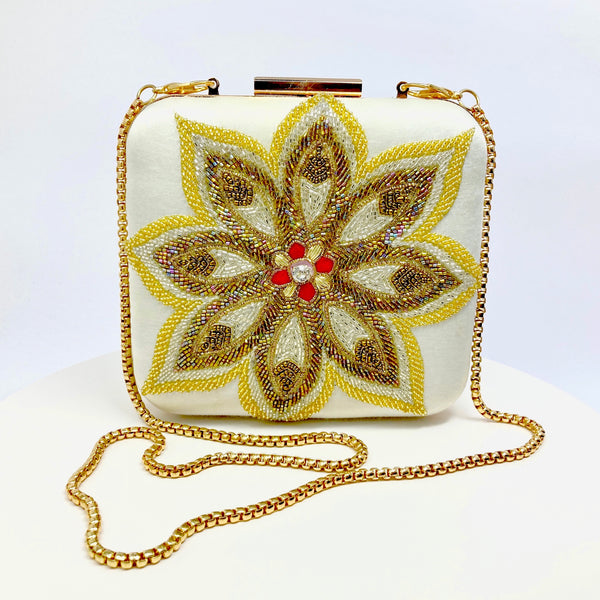 Zok and Zaari Hand Embroidered Bridal Clutch Handbag with gold chain