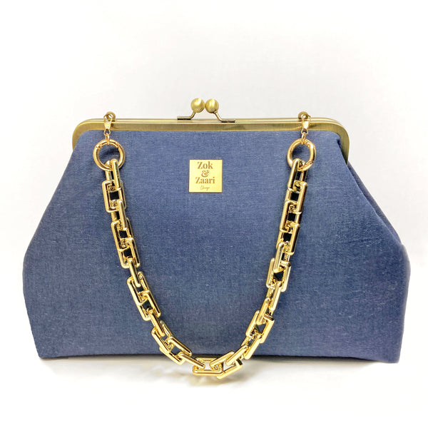 Zok and Zaari Demin Blue Gold Chain Kiss Lock Handbag