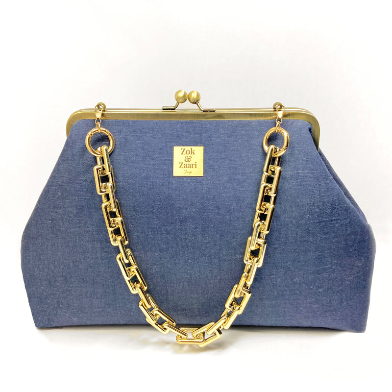 Zok and Zaari Demin Blue Gold Chain Kiss Lock Handbag