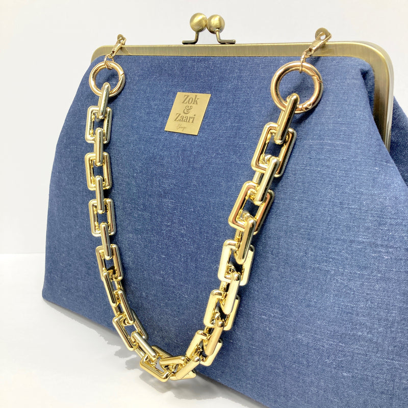 Zok and Zaari Demin Blue Gold Chain Kiss Lock Handbag