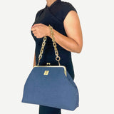 Zok and Zaari Demin Blue Gold Chain Kiss Lock Handbag