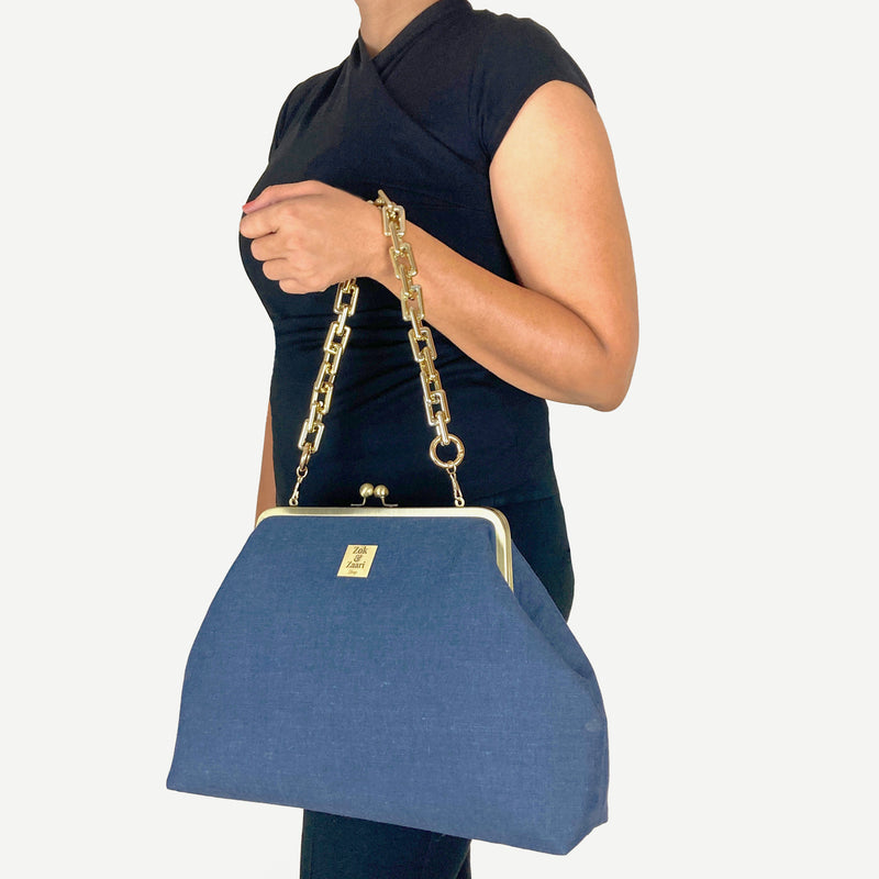 Zok and Zaari Demin Blue Gold Chain Kiss Lock Handbag