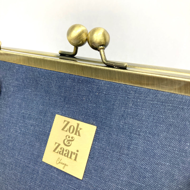 Zok and Zaari Demin Blue Gold Chain Kiss Lock Handbag