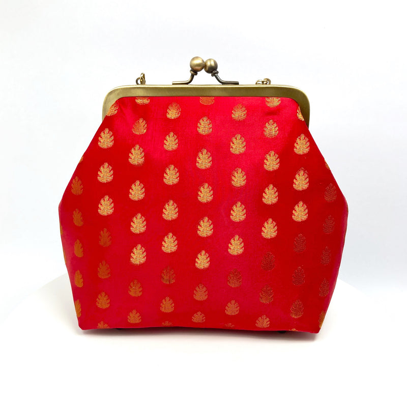 Zok and Zaari Red Brocade Brass Frame handmade wrist handbag