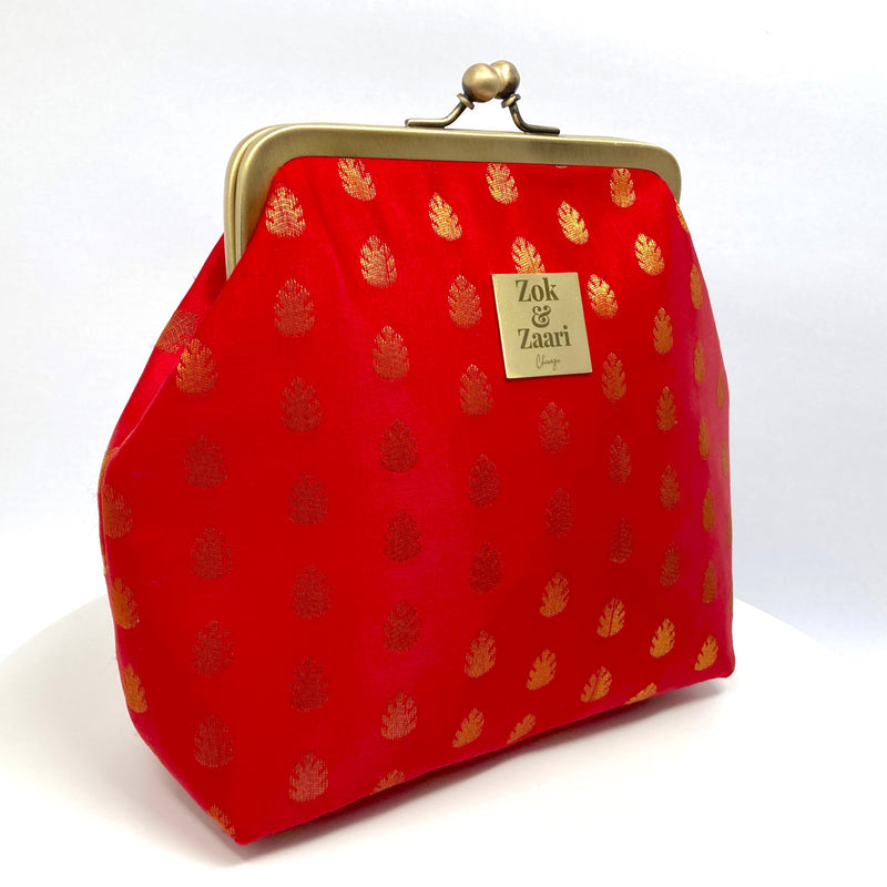 Zok and Zaari Red Brocade Brass Frame handmade wrist handbag