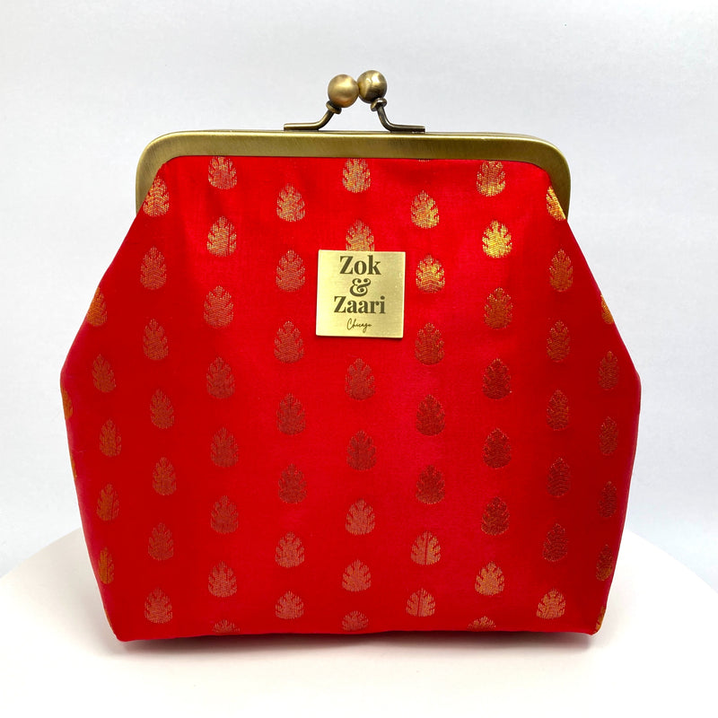 Zok and Zaari Red Brocade Brass Frame handmade wrist handbag