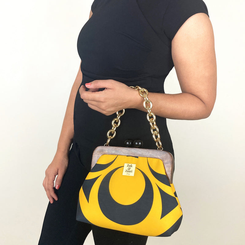 Zok and Zaar Yellow Digital Printed Handmade Handbag with gold wrist chain