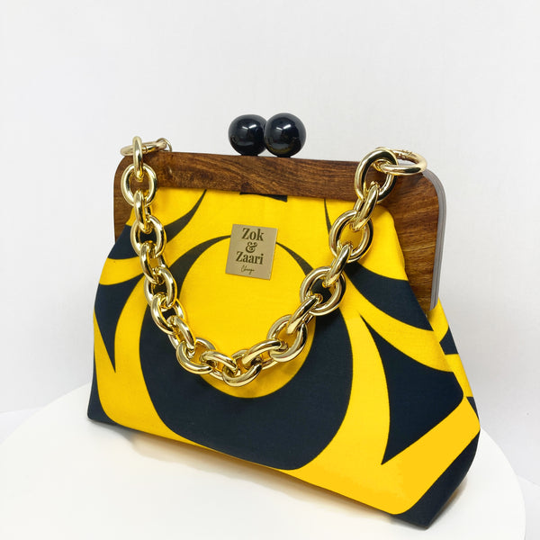 Zok and Zaar Yellow Digital Printed Handmade Handbag with gold wrist chain