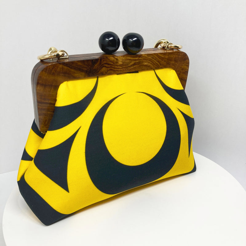 Zok and Zaar Yellow Digital Printed Handmade Handbag with gold wrist chain