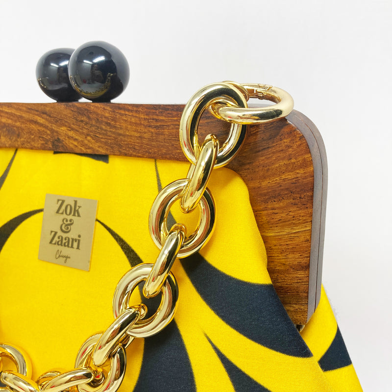 Zok and Zaar Yellow Digital Printed Handmade Handbag with gold wrist chain